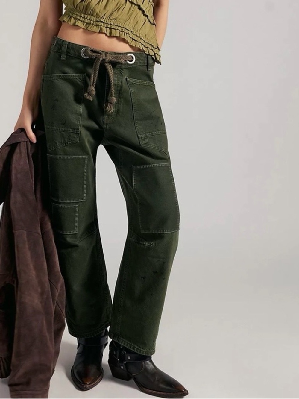 We the free Olive Green Wide-Leg Pull- On Utility Pants NWOT - Picture 2 of 9